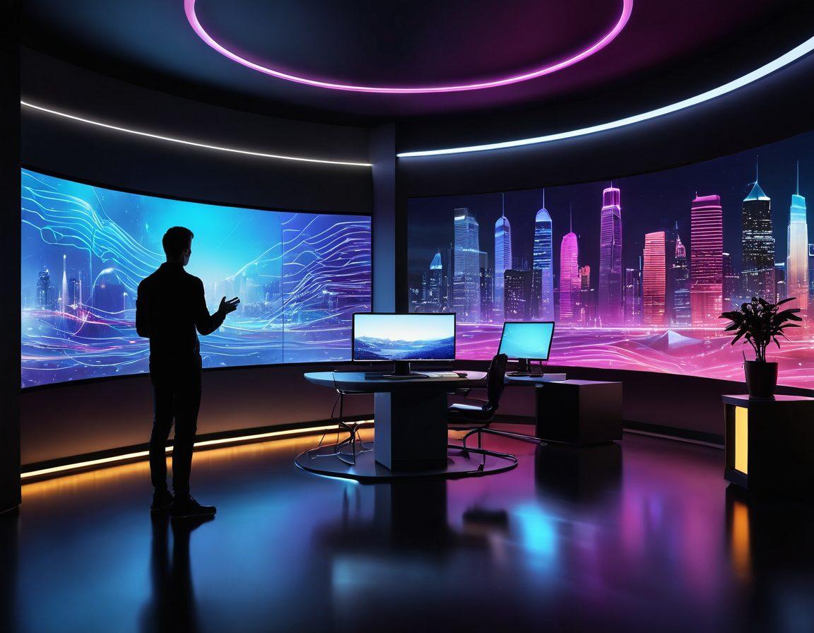 A futuristic studio with advanced voice technology equipment, featuring a sound engineer interacting with holographic audio interfaces. Surrounding the engineer are visual representations of sound waves and voice commands, illustrating the integration of AI in audio production. The environment is sleek and modern, infused with vibrant neon colors that reflect innovation. A city skyline can be seen through large windows, symbolizing connectivity and the future of communication. super-realistic. vibrant colors. 3D.